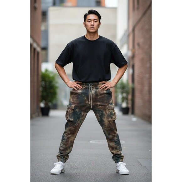 MNML Brown & Green Camo Cargo Pants L Relaxed Fit Straight Leg 100% Cotton Made - Picture 3 of 14